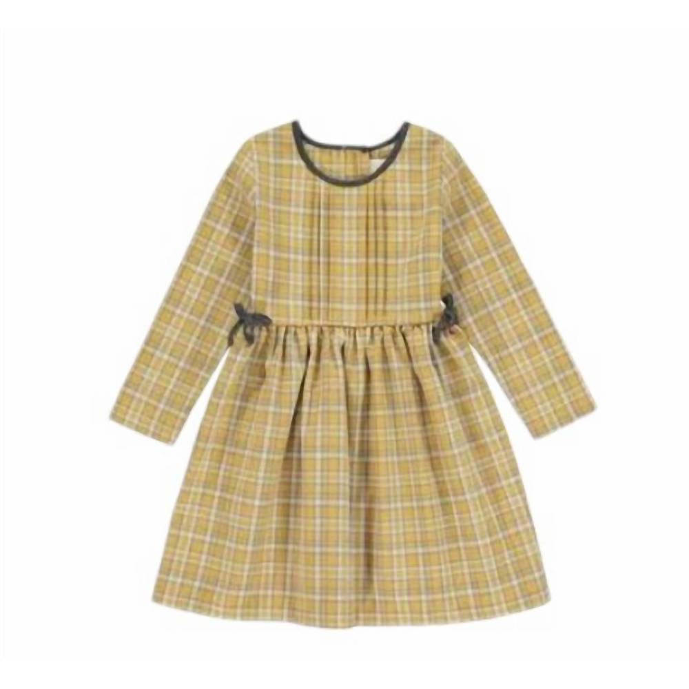 NEW VIGNETTE girl's pearl plaid dress in gold & grey
